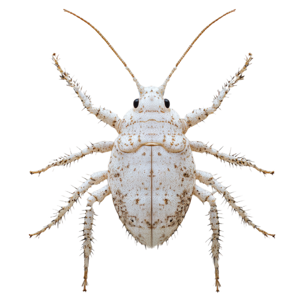 highly magnified 3D view of booklouse, showcasing its tiny legs and detailed body structure. This highlights intricate features of this small insect, evoking curiosity and fascination png