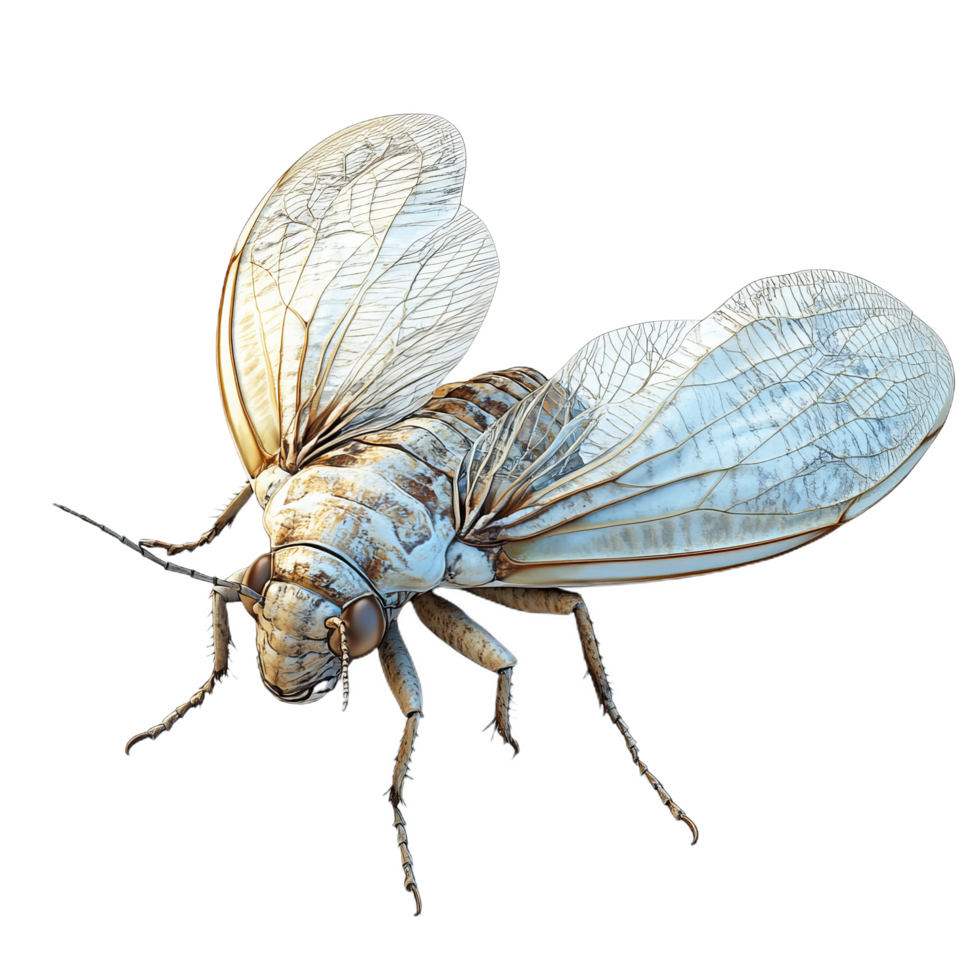 3D rendered cicada with translucent wings and detailed body features, showcasing its intricate anatomy and natural beauty. This insect is often associated with summer and nature png