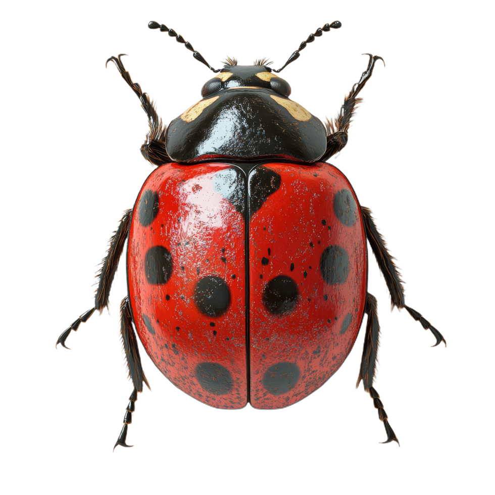 photorealistic 3D ladybug with glossy shell, showcasing vibrant red and black colors, highlighting its intricate details and textures png