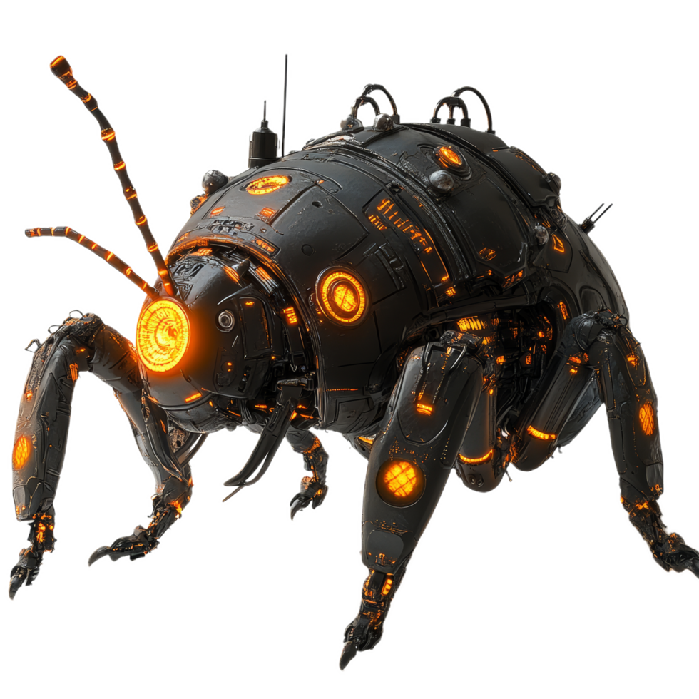 futuristic robotic ant with articulated legs and glowing orange accents, showcasing advanced technology and design. This unique creature blends nature and machinery seamlessly png