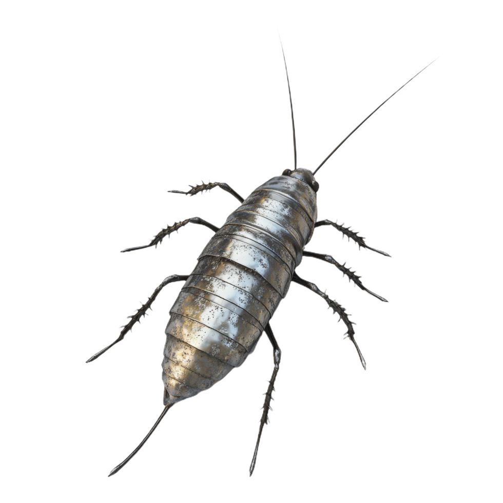 3D rendered silverfish with shimmering body, showcasing its elongated shape and fine details. This insect is often found in dark, damp areas, adding unique touch to any design png
