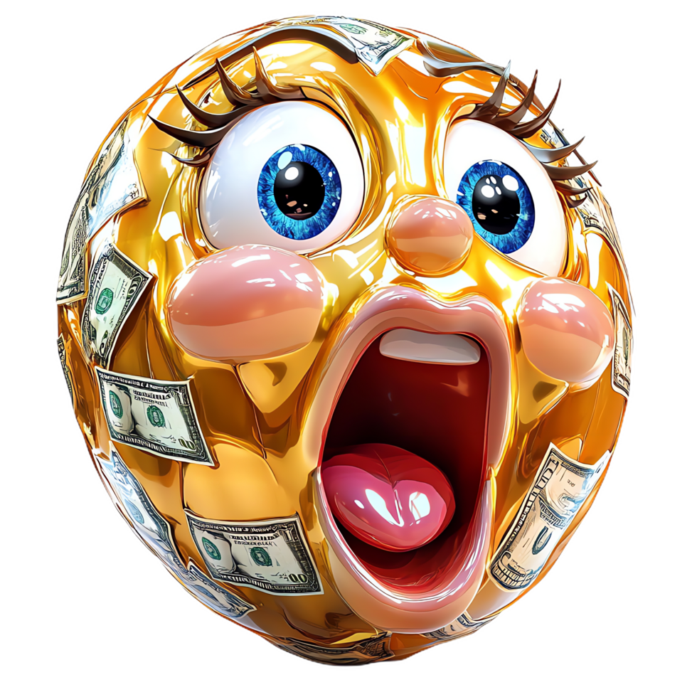 Surprised emoji with wide expressive eyes, gold color, and money bills. This vibrant character conveys excitement and astonishment, perfect for financial themes png