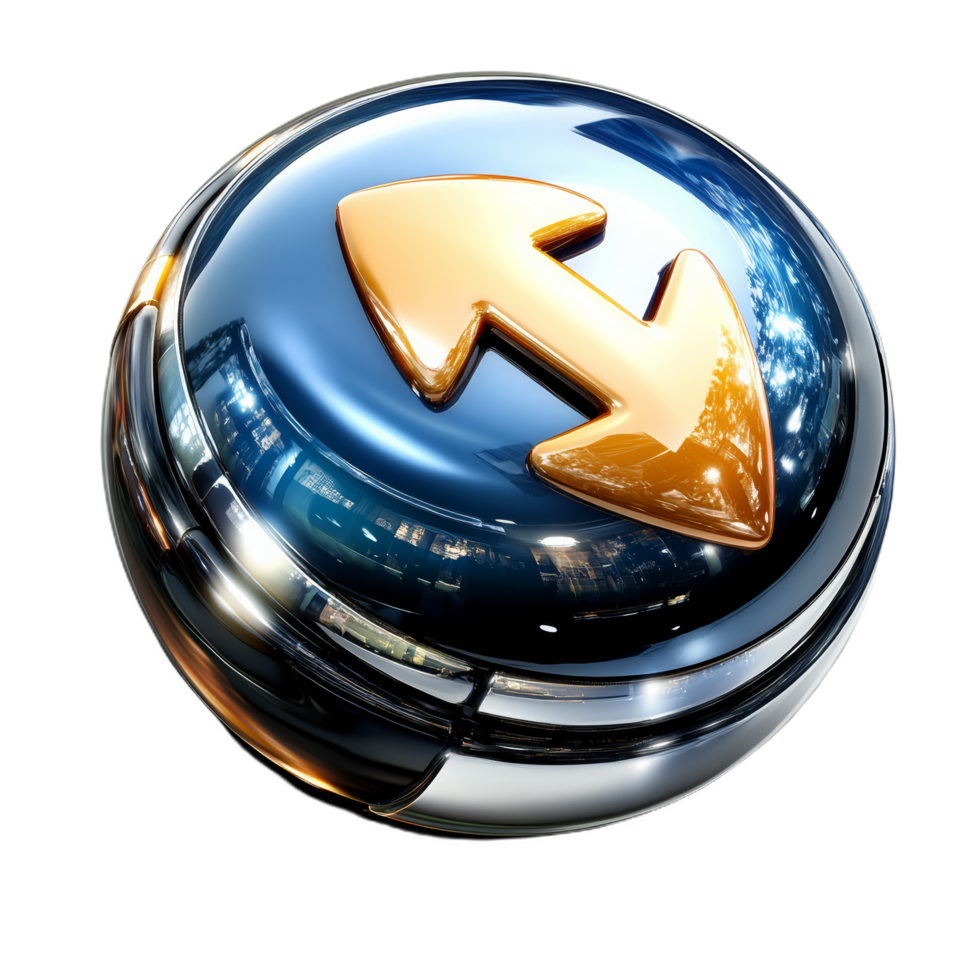 glossy, three dimensional sphere featuring prominent, curved arrow design in gold and blue tones, symbolizing direction and movement. reflective surface adds modern touch png