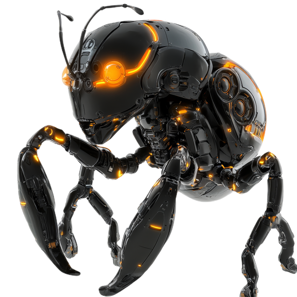 robotic ant with mechanical joints and glowing features, showcasing advanced technology and design. Its intricate structure highlights innovation and creativity png