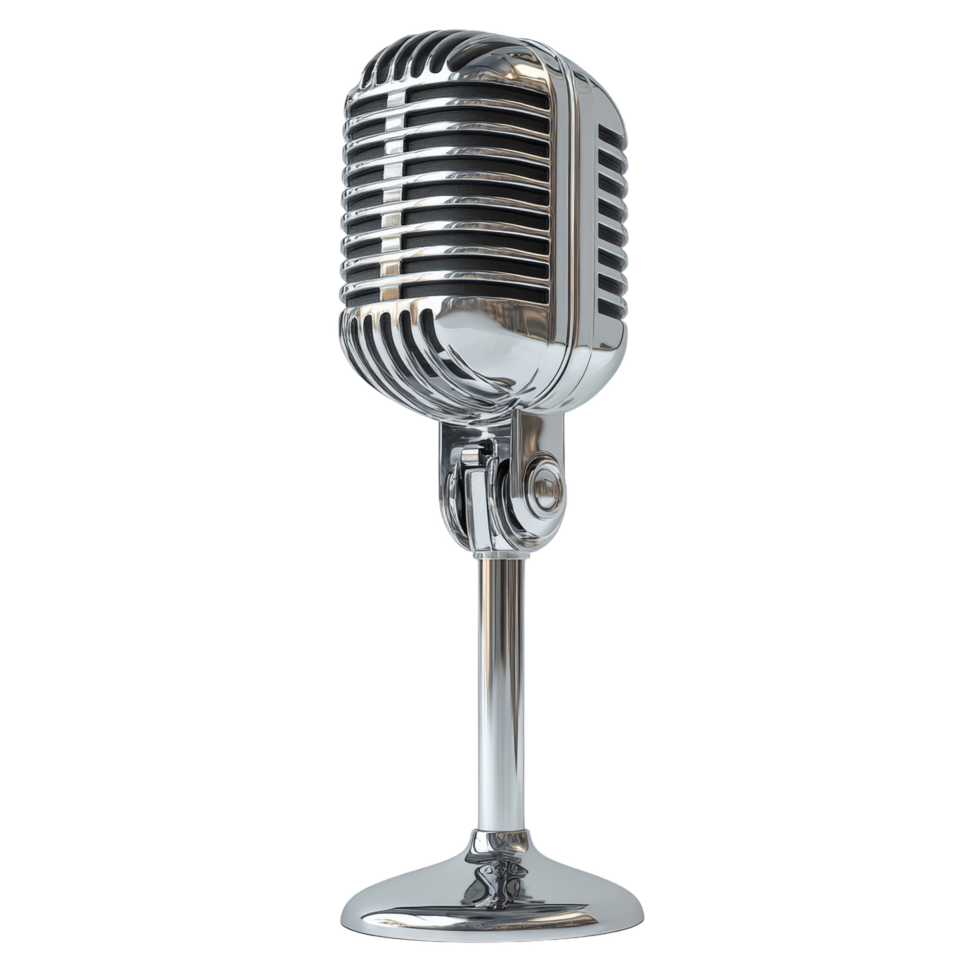 vintage style microphone on sleek stand, perfect for podcasts and recordings. Its shiny chrome finish adds touch of elegance to any setup, enhancing audio experience png
