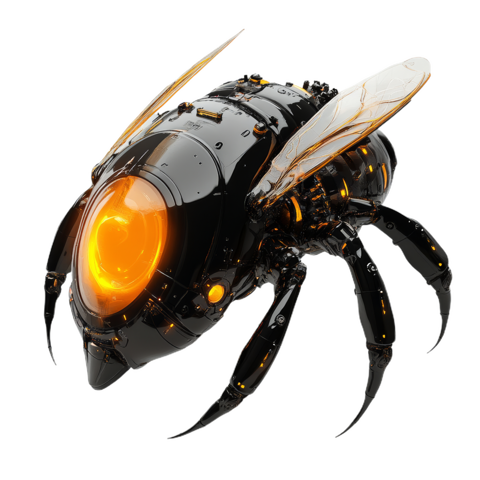 3D rendered nano insect robot designed for medical use, featuring sleek black body and glowing orange elements, showcasing advanced technology and innovation png