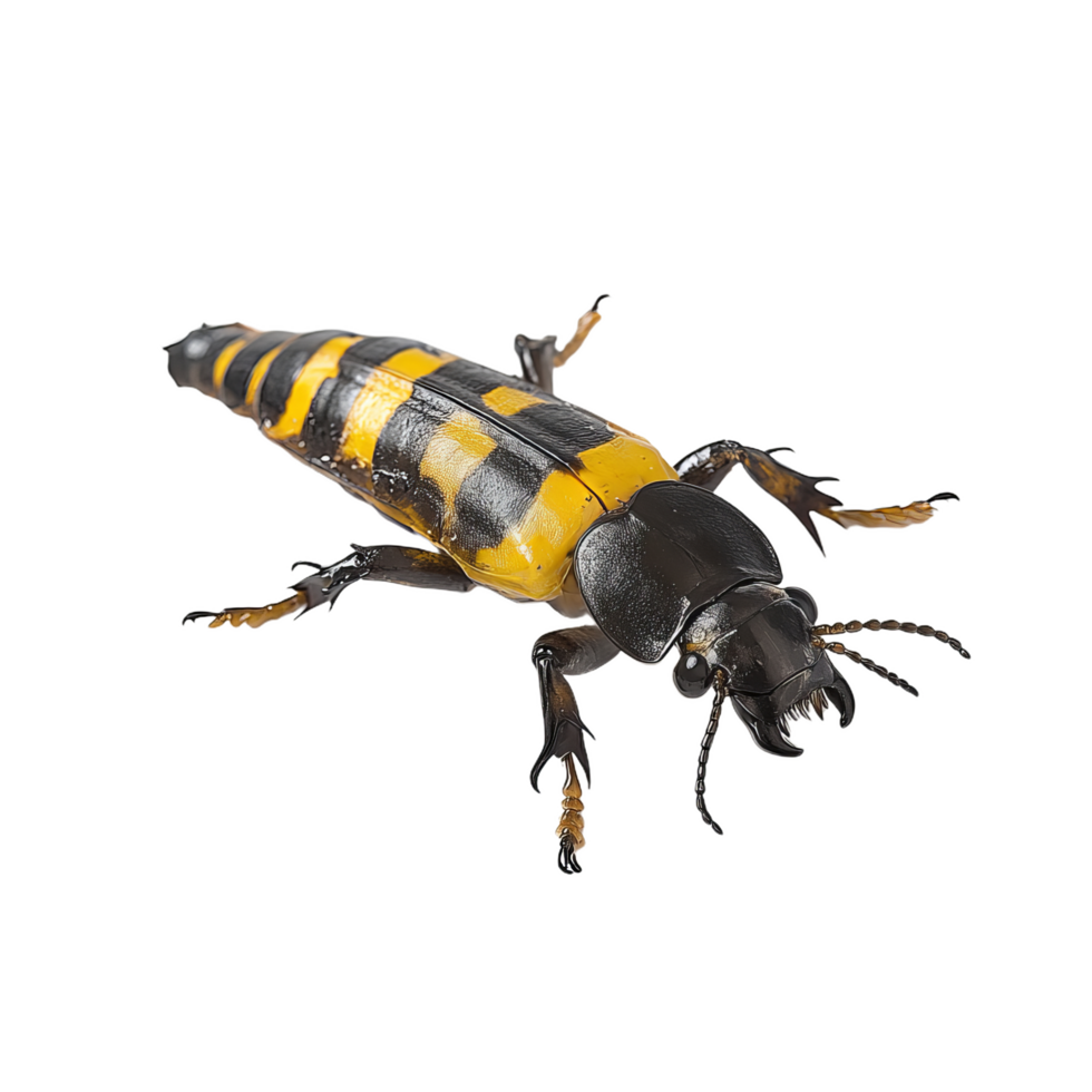 close up 3D render of rove beetle showcasing its striking black and yellow coloration. This detailed image highlights insect unique features and textures, evoking curiosity and fascination png