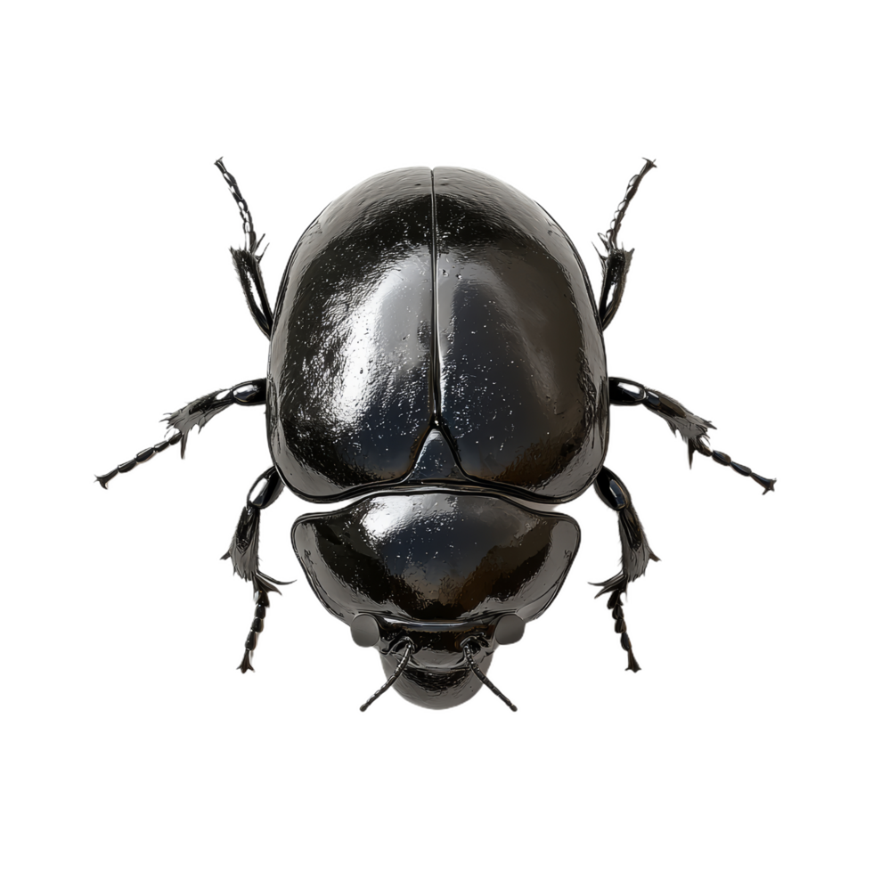 detailed 3D rendering of dung beetle showcasing its glossy black body and intricate features. This insect is known for its unique behavior of rolling balls of dung, symbolizing hard work and png