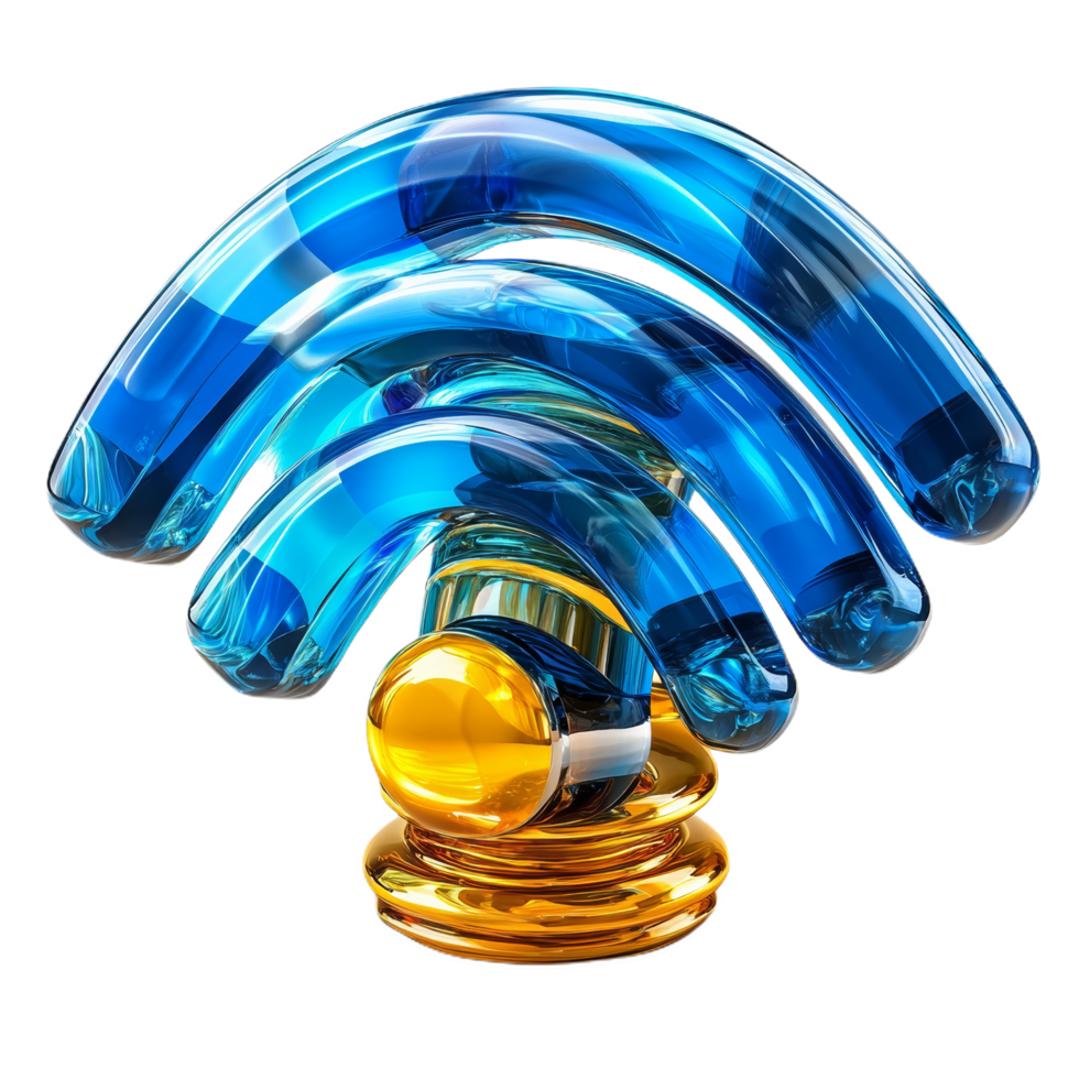 shiny blue Wi Fi symbol glowing softly, representing connectivity and technology. design features smooth curves and vibrant color palette, creating modern and clean aesthetic png