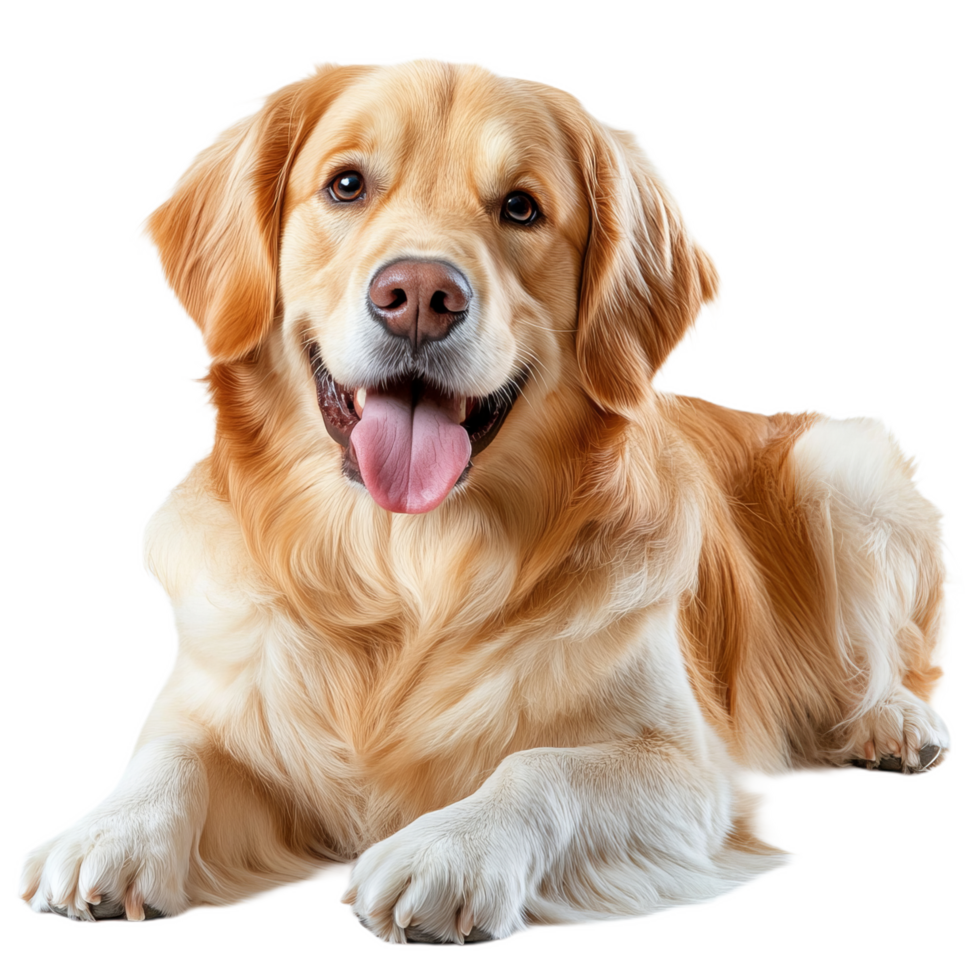 golden retriever lying down with joyful expression, showcasing its beautiful golden fur and friendly demeanor. This dog exudes warmth and happiness png