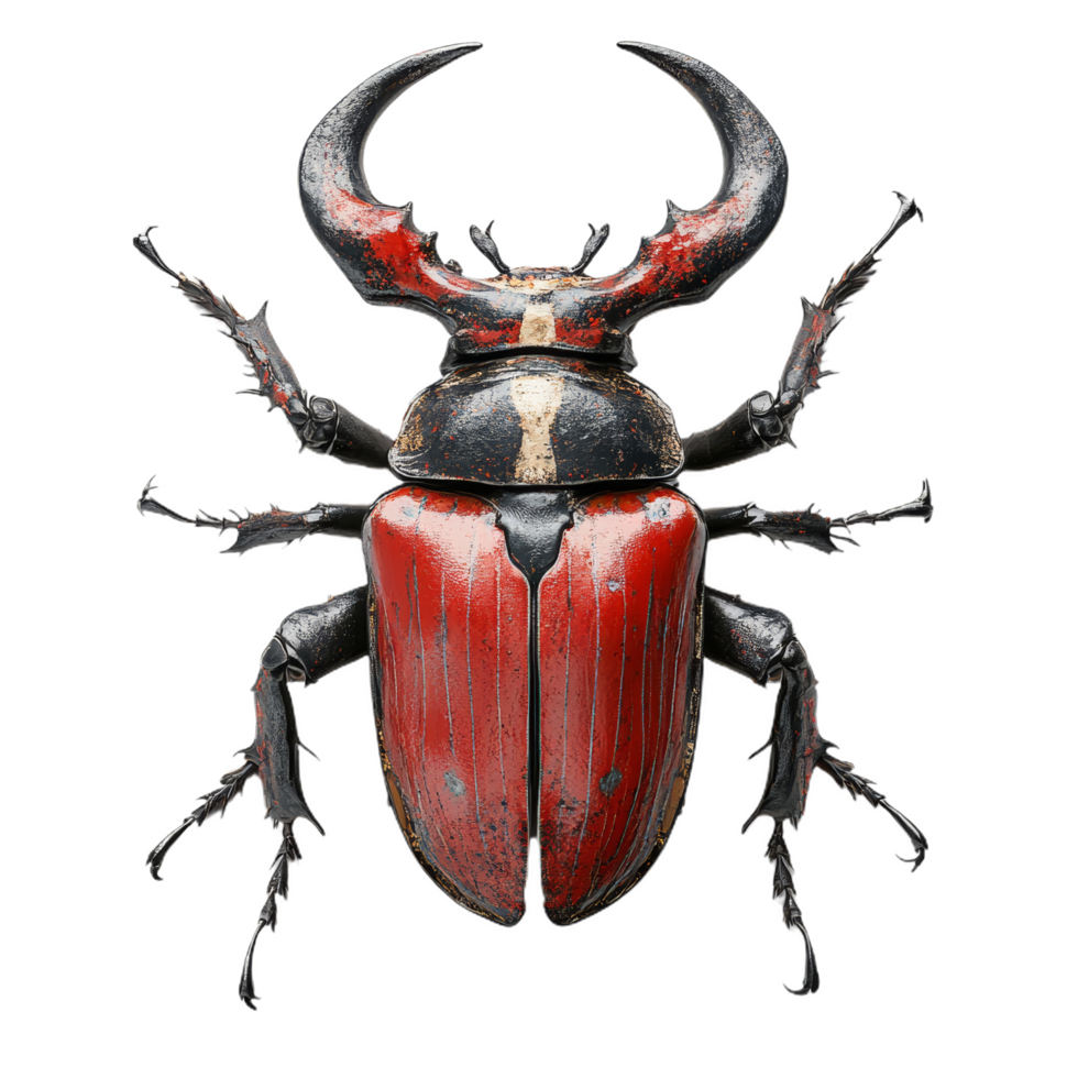 high detail 3D horned beetle with striking red and black colors, showcasing its impressive horns and intricate body structure. This beetle stands proudly, highlighting its unique features and png