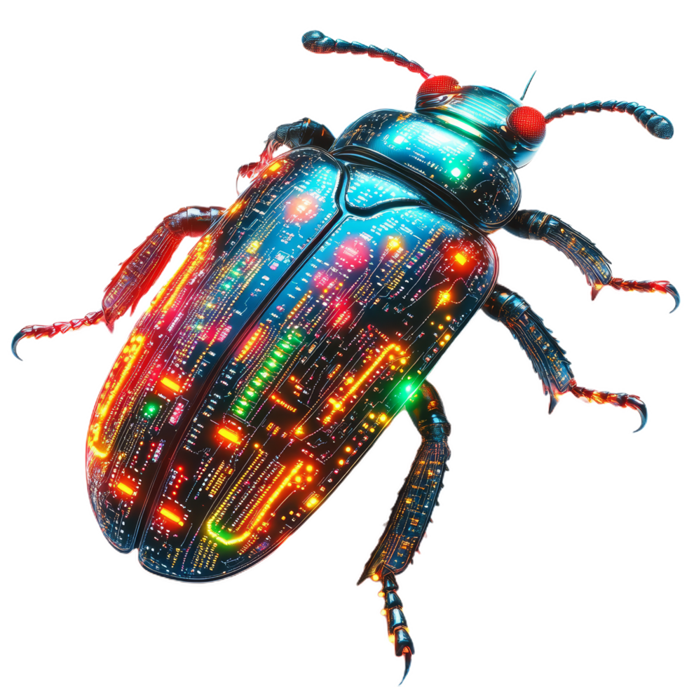 cybernetic beetle with integrated circuits and vibrant lights, showcasing blend of nature and technology. This futuristic insect features glowing patterns and intricate details png