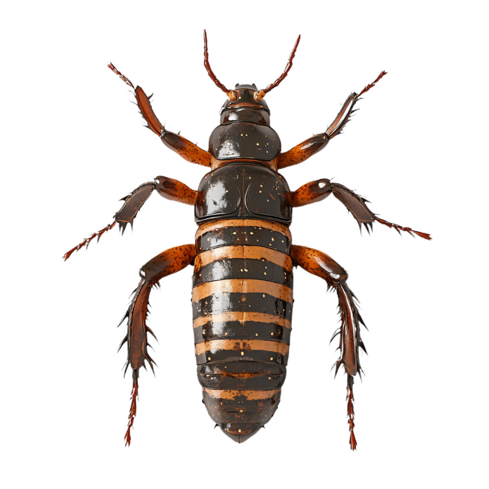 close up 3D render of rove beetle showcasing its elongated body and distinct striped pattern. This detailed image highlights intricate features and textures of insect png