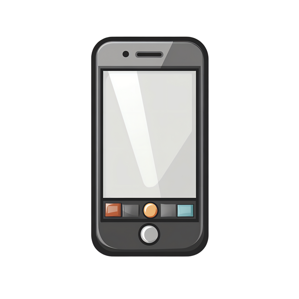 sleek black smartphone icon with rounded edges and blank screen, featuring colorful buttons at bottom, perfect for digital design projects png