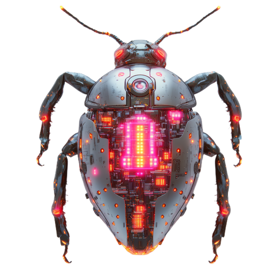 cybernetic beetle with integrated circuits and glowing elements, showcasing blend of technology and nature. This futuristic insect features intricate details and vibrant colors, evoking sense of png