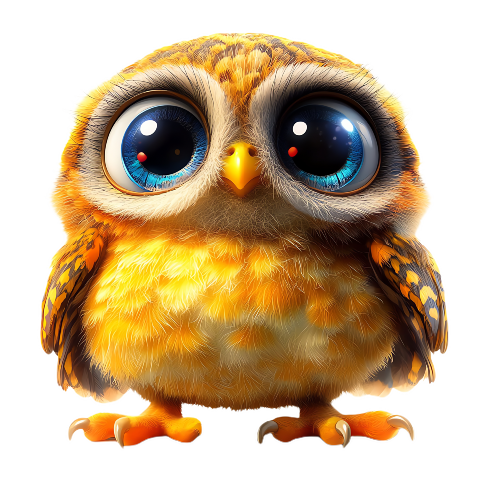 small owl with big, expressive eyes, showcasing vibrant orange and brown feathers, stands cutely. Its large eyes and fluffy body evoke sense of wonder and charm png