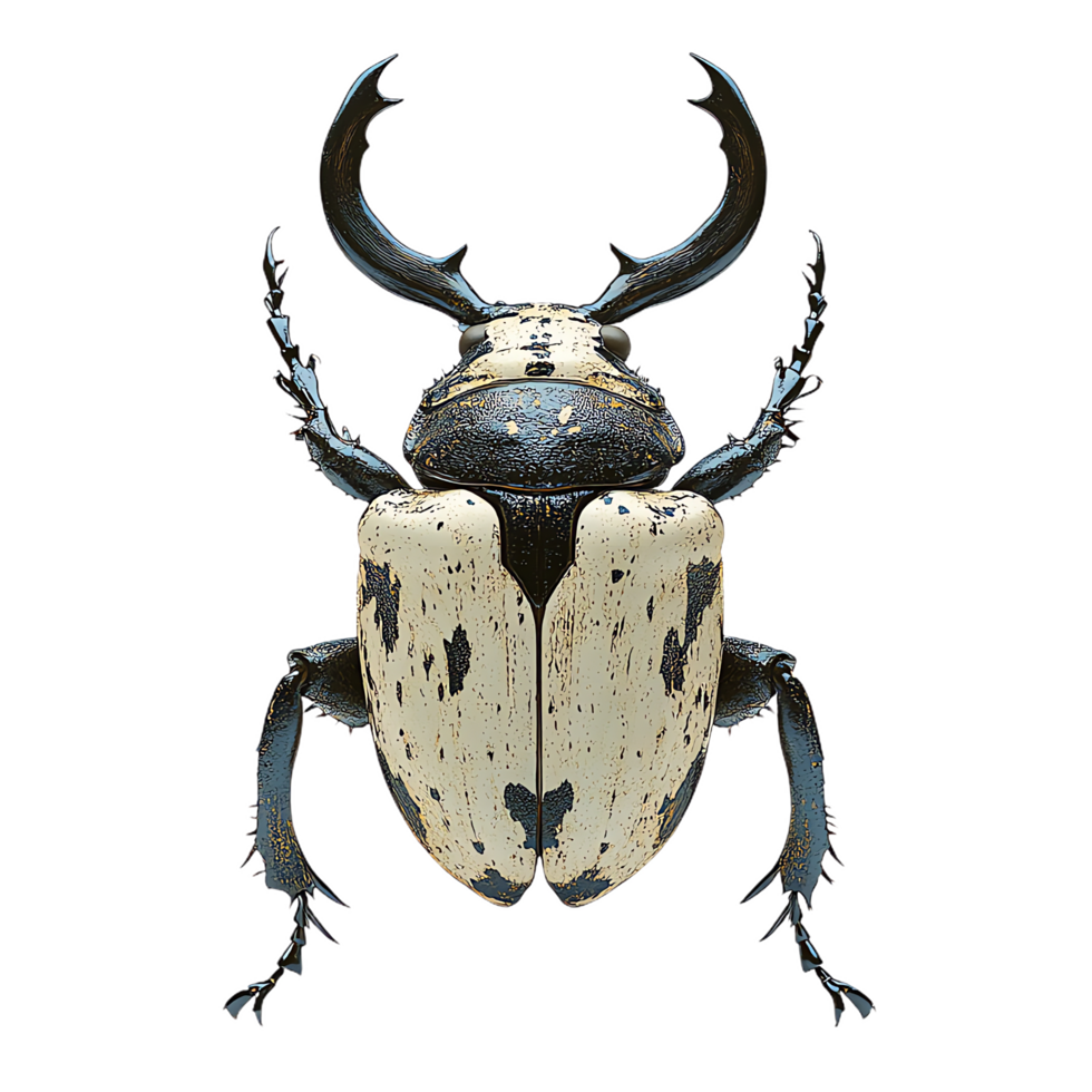 high detail 3D horned beetle with intricate textures and colors, showcasing its proud stance and unique features. This striking insect is fascinating subject for nature enthusiasts png