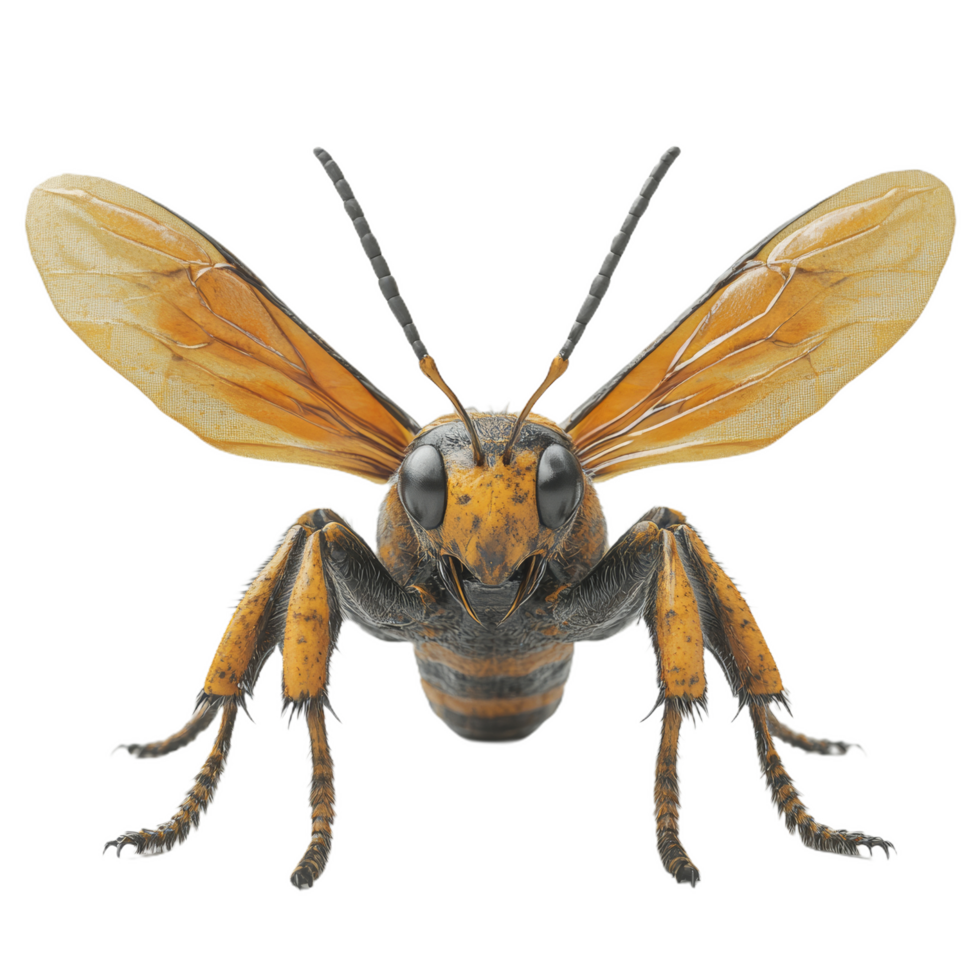 3D rendered wasp with sharp mandibles and translucent wings, showcasing intricate details and vibrant colors, evokes sense of nature beauty and complexity png