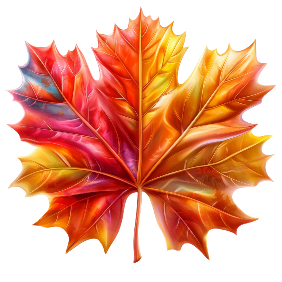 vibrant red maple leaf showcasing stunning autumn colors, with shades of orange, yellow, and hints of blue, creating beautiful natural display png