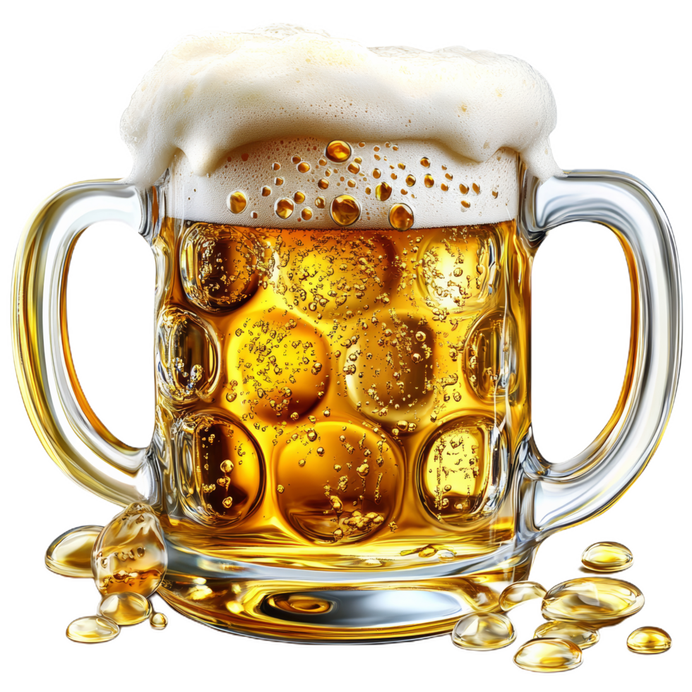 golden beer mug filled with frothy foam, surrounded by droplets, evokes refreshing and celebratory atmosphere png
