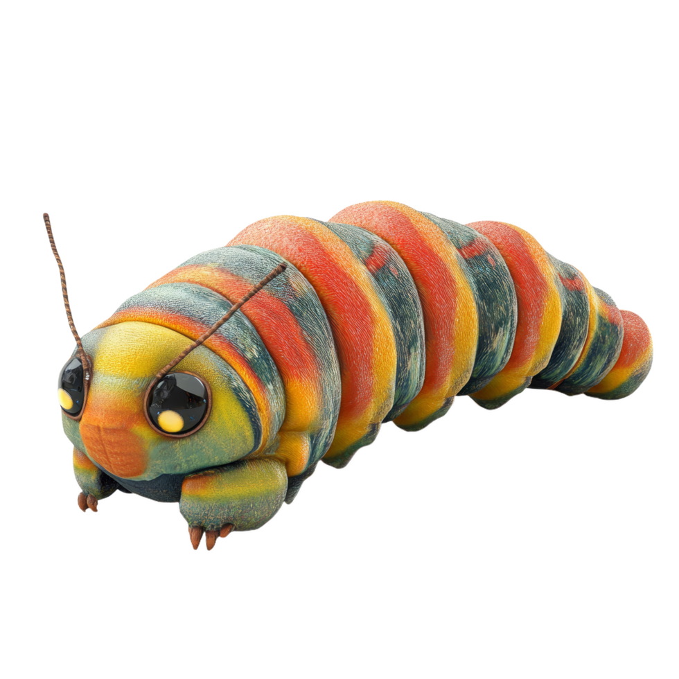 realistic 3D silk moth caterpillar with vibrant colors and soft body, showcasing intricate details and textures. This unique creature is captivating and visually striking png