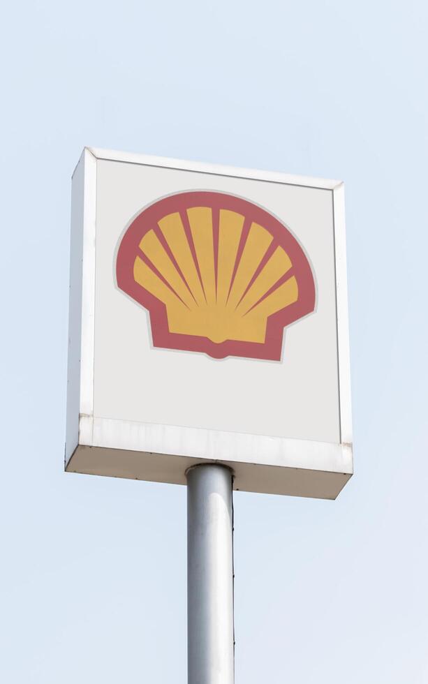 Nonthaburi Thailand 3 February 2025 Outdoor light box pole with logo Shell gas station photo