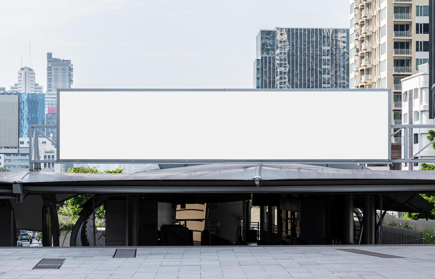 Mock up hanging white rectangle billboard at skytrain station photo