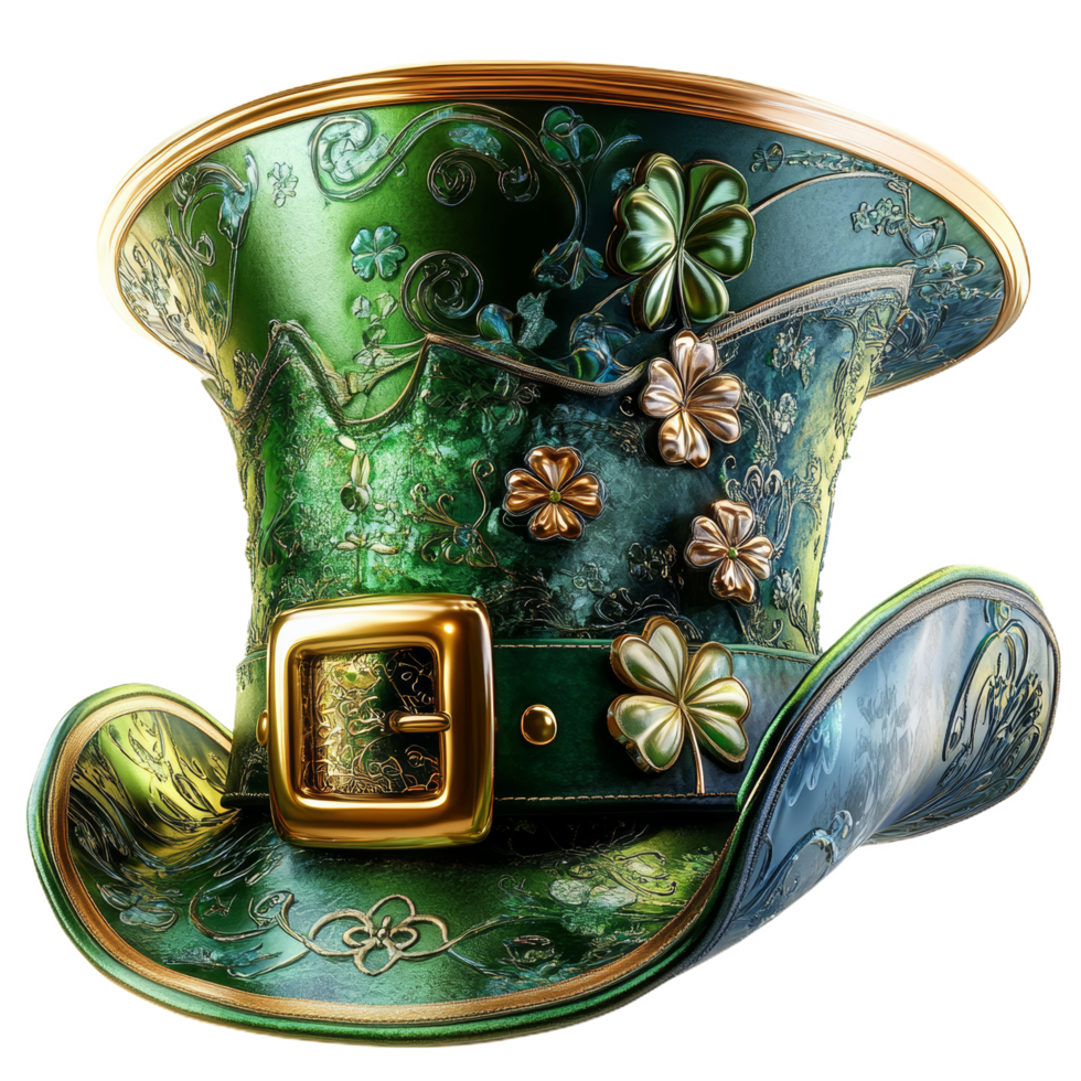 vibrant green leprechaun hat adorned with shiny gold buckle and decorative clovers, perfect for festive celebrations. This whimsical accessory adds charm and joy to any occasion png