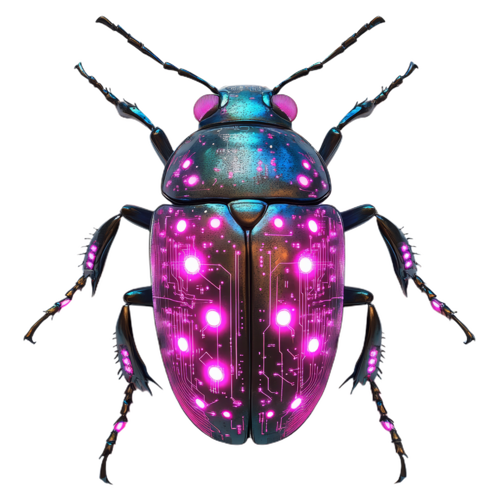cybernetic beetle with integrated circuits and glowing lights, showcasing blend of nature and technology. This vibrant insect features colorful, futuristic design png
