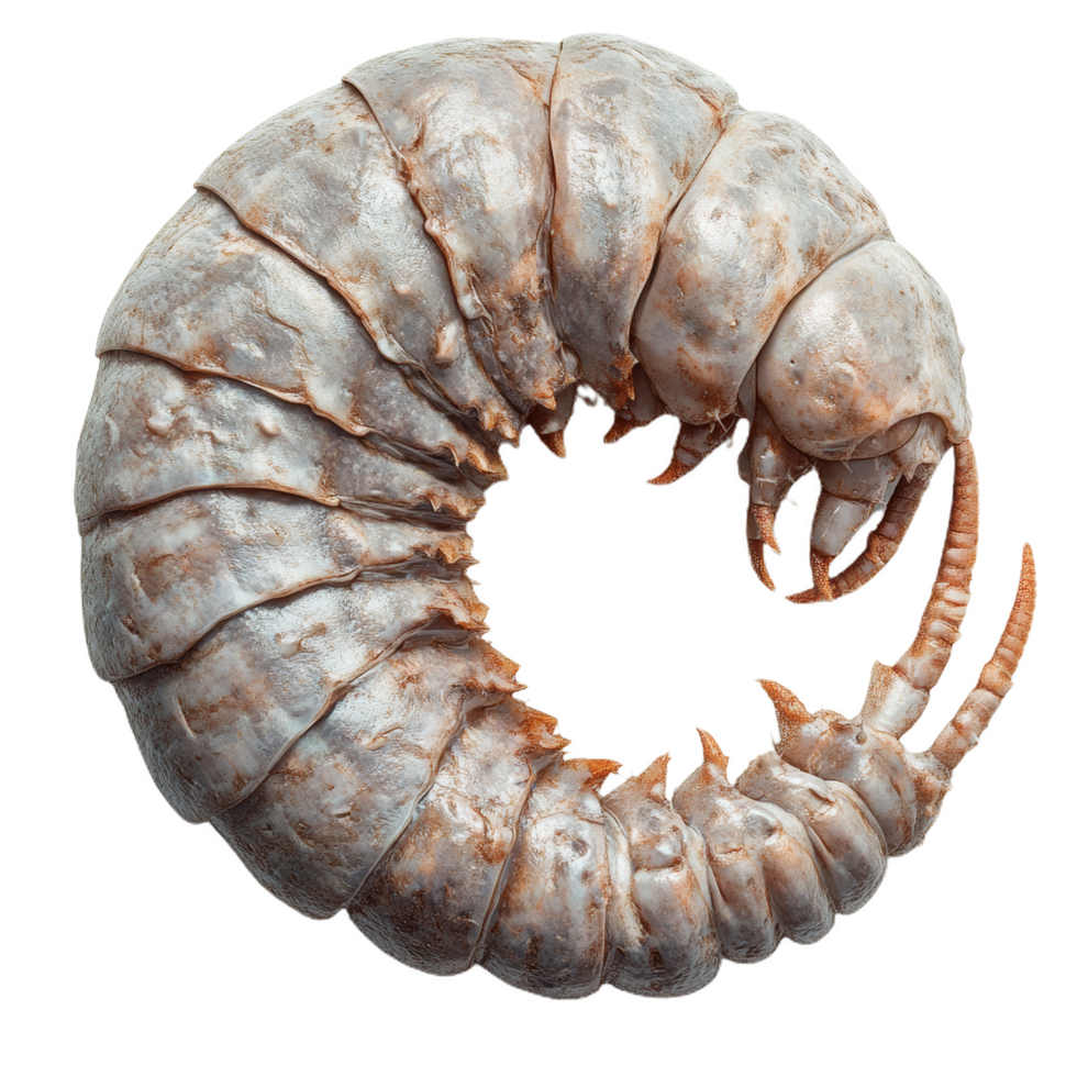 photorealistic 3D woodlouse curled into ball, showcasing its segmented body and detailed texture. This unique creature is often found in damp environments, adding interest to any natural setting png