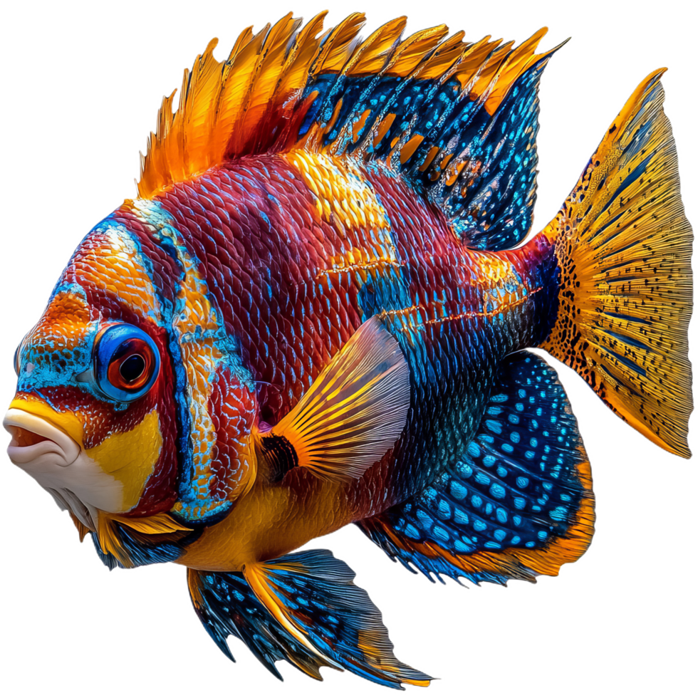 vibrant tropical fish with bright orange, blue, and yellow colors swimming gracefully. Its intricate scales and lively patterns create stunning underwater display png