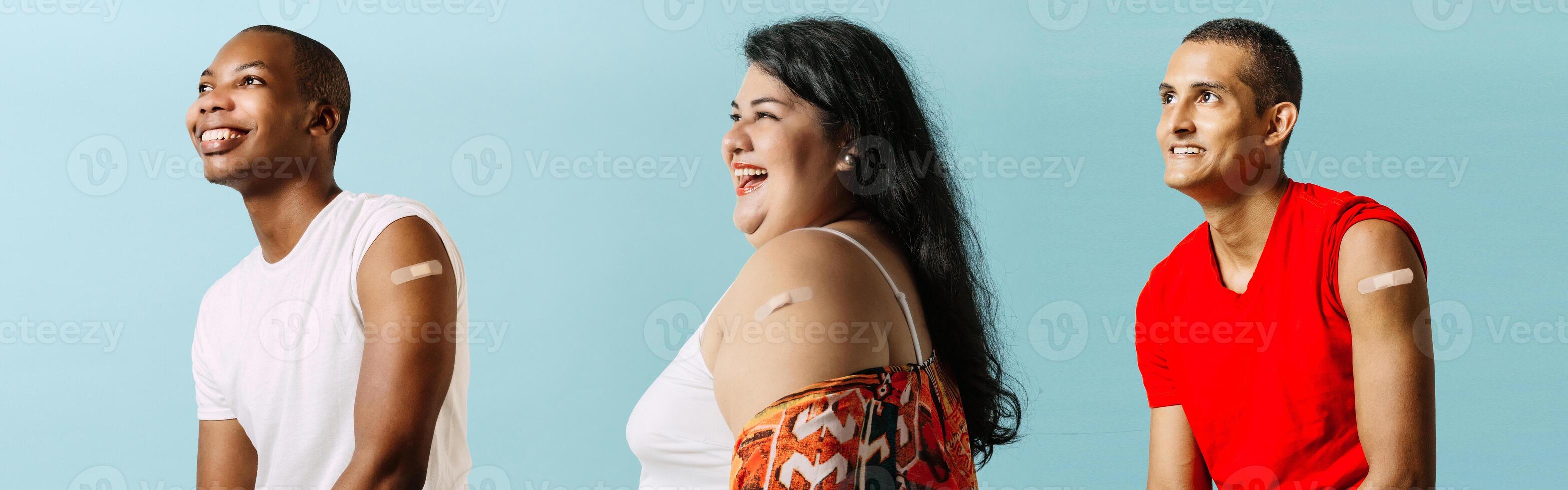 Group of people after receiving the covid-19 vaccine, composite shot. Diverse groups of men and women with antibodies in the arm after receiving the immunity vaccine. photo