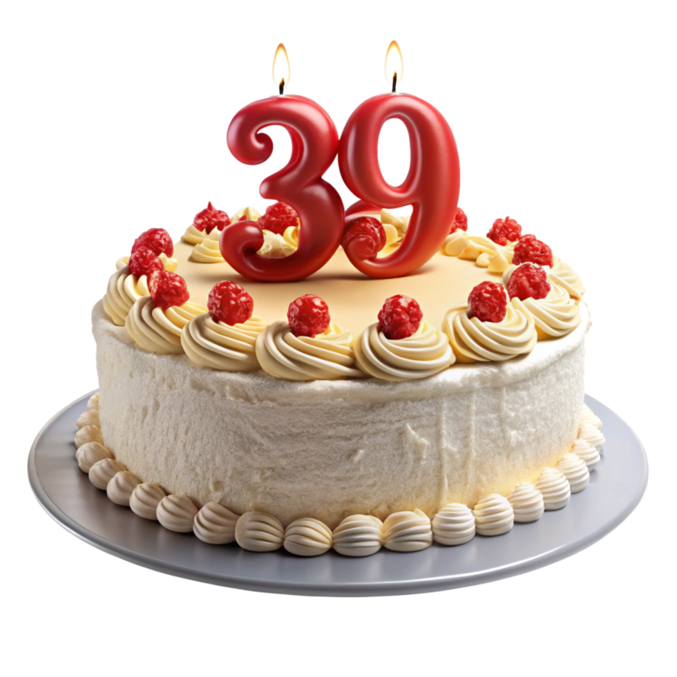 delicious Birthday Celebration Cake and written thirty nine on the Cake is isolated on transparent background png