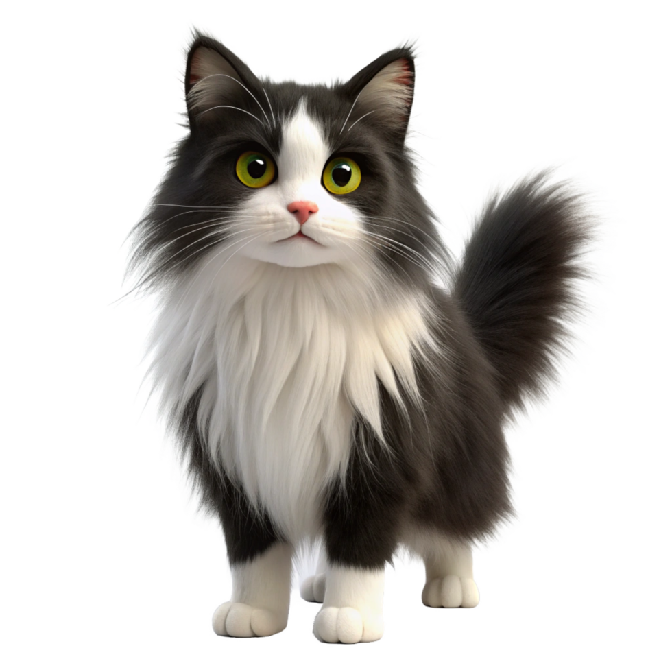 cute 3d white and black cat with long hair walking is isolated on transparent background png