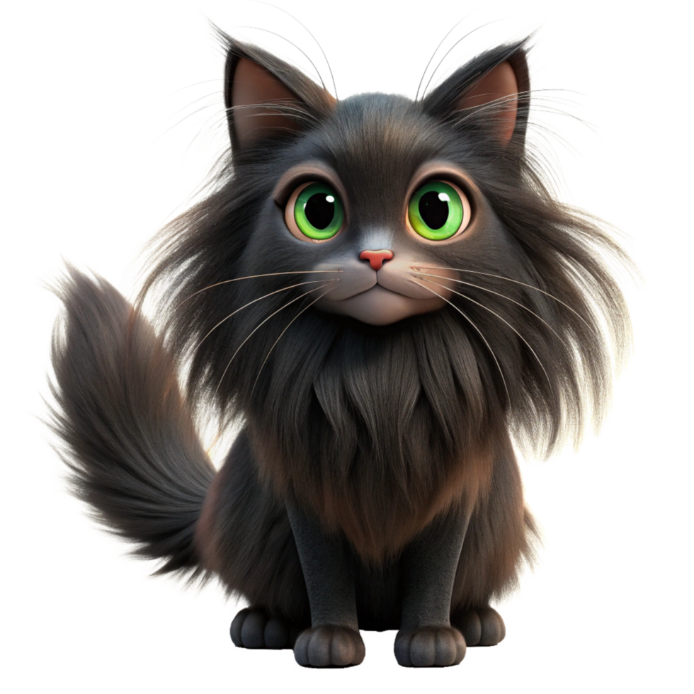 cute 3d black cat with long hair setting is isolated on transparent background png