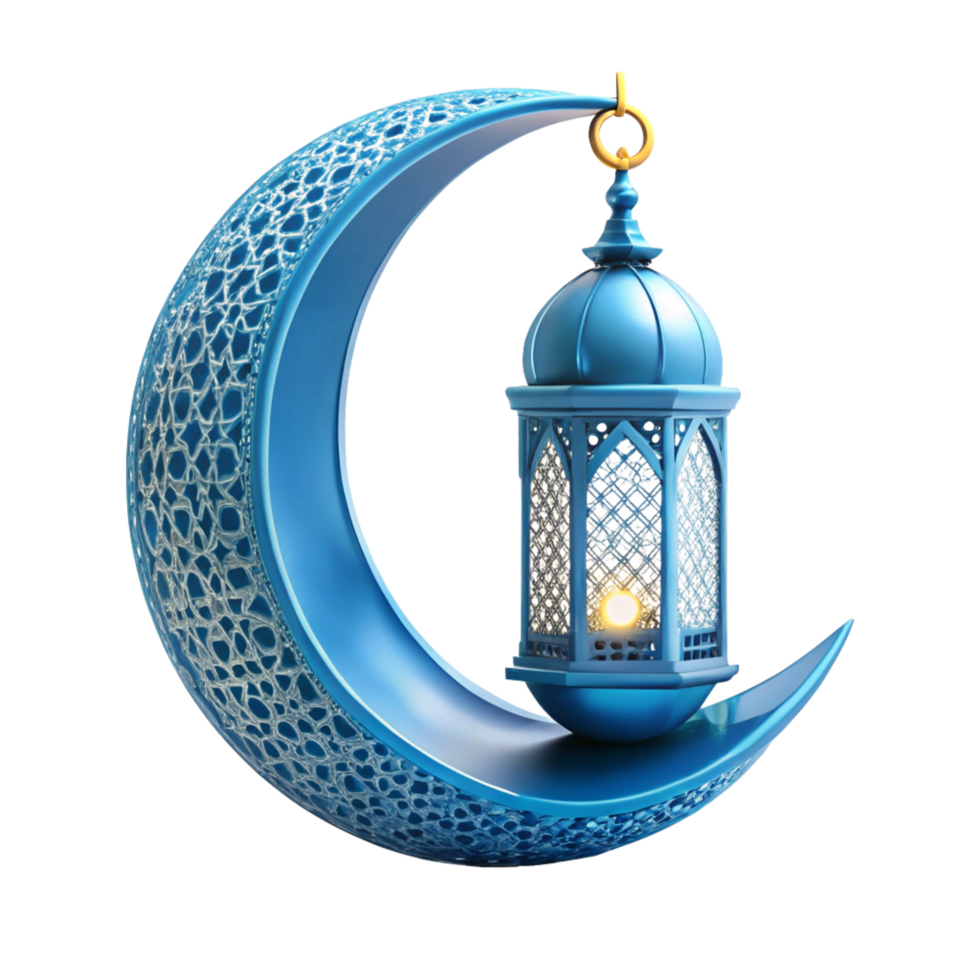 Islamic Ramadan 3d blue lamp with moon is isolated on transparent background png