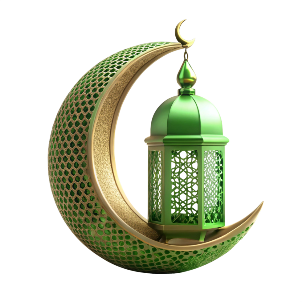Islamic Ramadan 3d green lamp with moon is isolated on transparent background png
