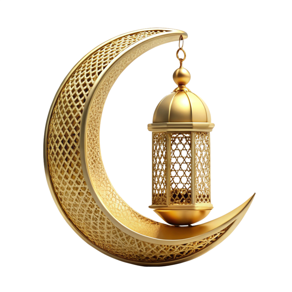 Islamic Ramadan 3d golden lamp with moon is isolated on transparent background png