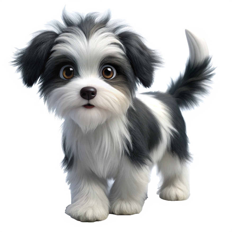 beautiful white and black puppy with long hair is walking is isolated on transparent background png