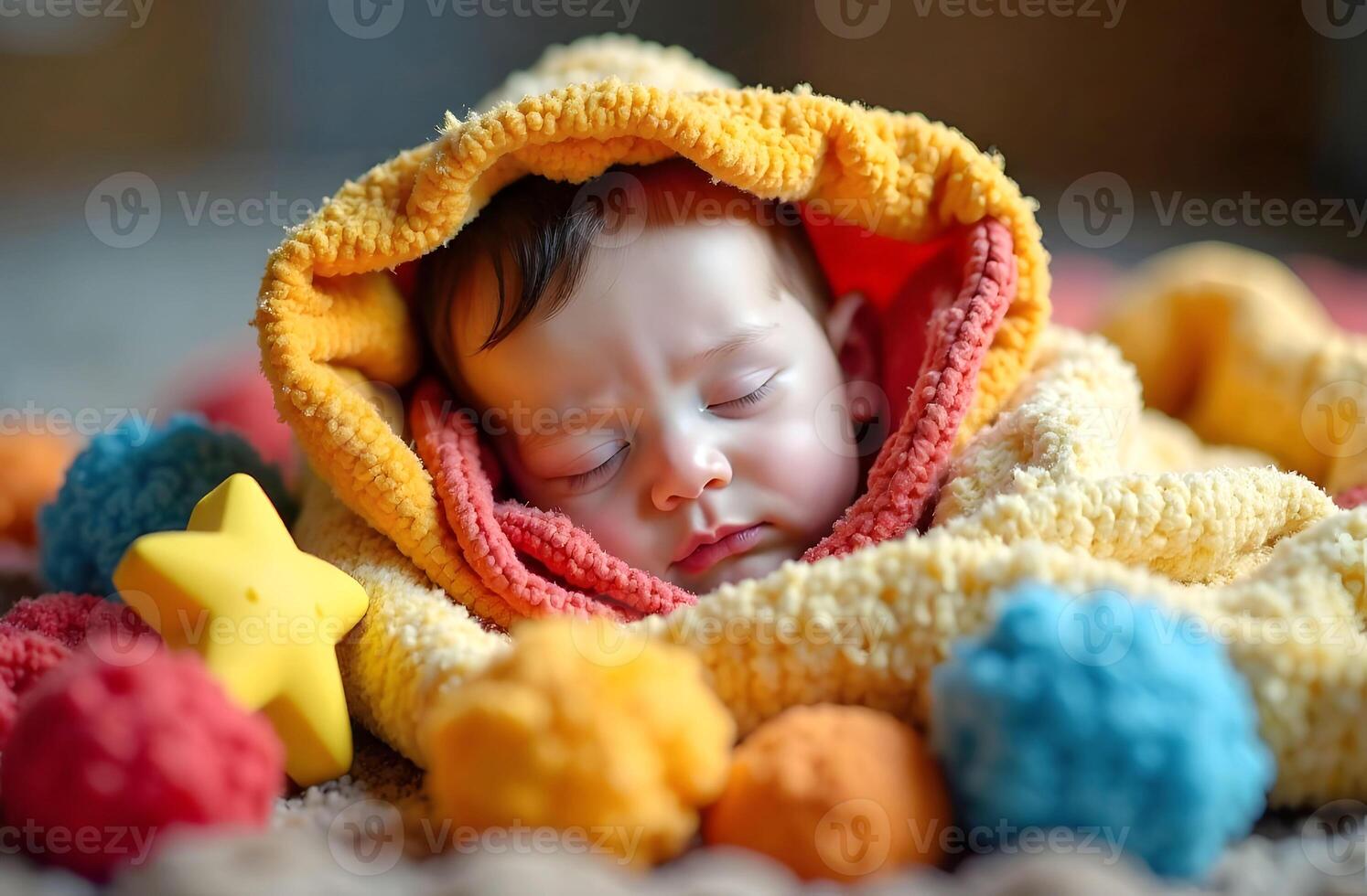 Sleeping baby wrapped in soft blanket photo