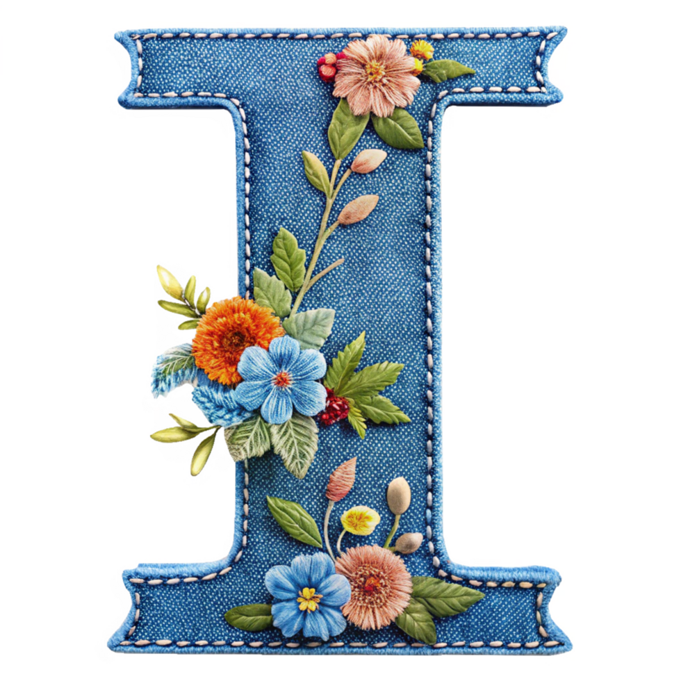 The letter I is made of denim with flowers and leaves is isolated on the transparent background png