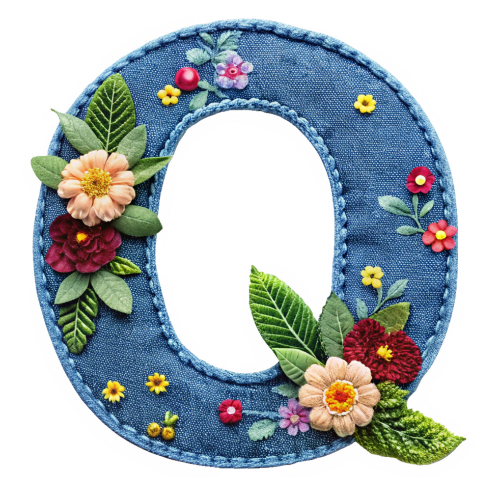 The letter Q is made of denim with flowers and leaves is isolated on the transparent background png