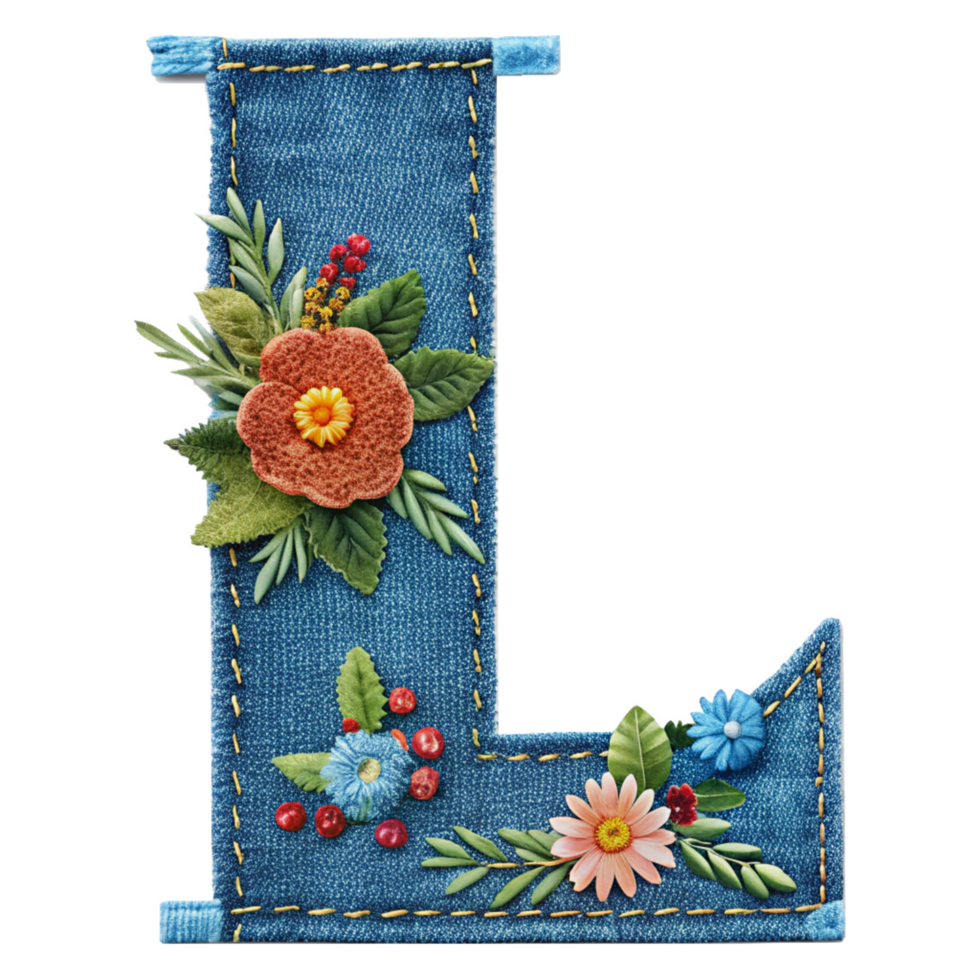 The letter L is made of denim with flowers and leaves is isolated on the transparent background png