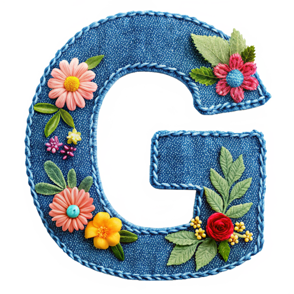 The letter Gis made of denim with flowers and leaves is isolated on the transparent background png