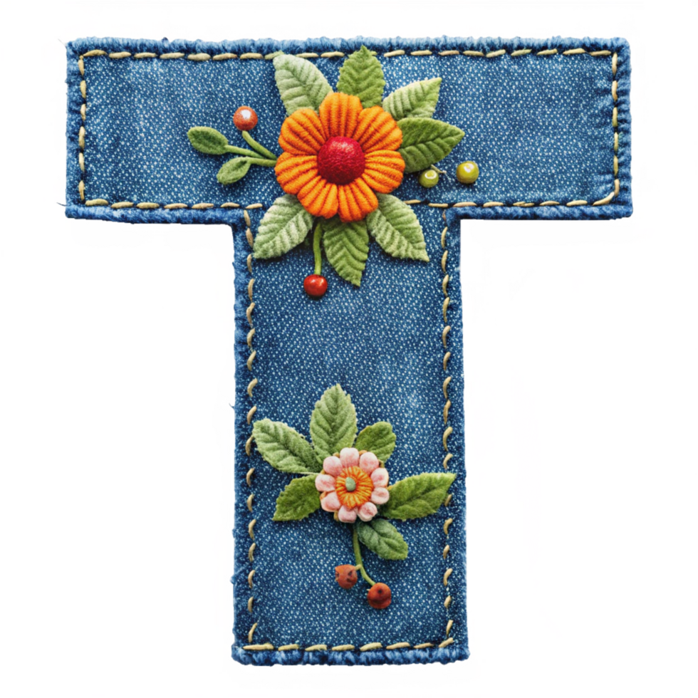The letter T is made of denim with flowers and leaves is isolated on the transparent background png