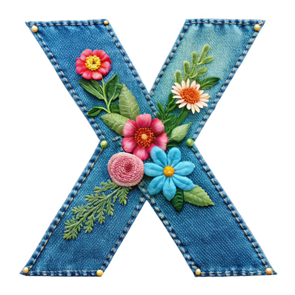 The letter X is made of denim with flowers and leaves is isolated on the transparent background png