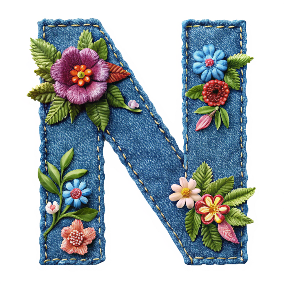 The letter N is made of denim with flowers and leaves is isolated on the transparent background png