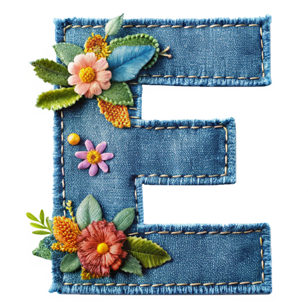 The letter E is made of denim with flowers and leaves is isolated on the transparent background png