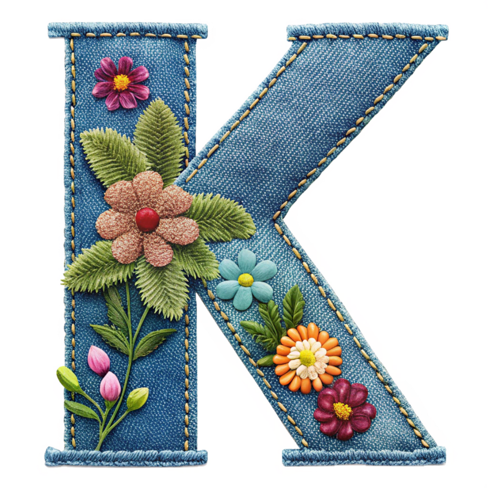 The letter K is made of denim with flowers and leaves is isolated on the transparent background png