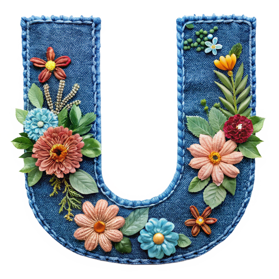 The letter U is made of denim with flowers and leaves is isolated on the transparent background png